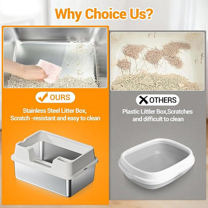 Enclosed Stainless Steel Cat Litter Box with Lid Extra Large Litter Box for Big Cats XL Metal Litter Pan Tray with High Wall Sides Enclosure, Non-Sticky, Anti-Leakage, Easy Cleaning