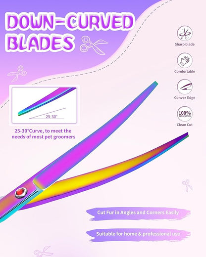7.3" Dog Grooming Scissor - Professional Down-curved Shear with Ergonomic Handle Stainless Steel Hair Shears for Dogs, Cats and Other Pets - Pet Hair Trimming Scissor(Curved, Iridescent)
