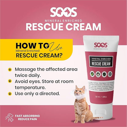 Soos Pets Pet Rescue Cream for Dogs and Cats | Natural Dead Sea Mineral Enriched | Fast Absorbing Reduce Pain | Topical Treatment of Injuries Cuts Sores Wounds Scratches Damaged Skin - 50ml