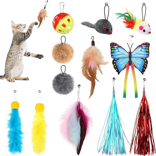 QUOZUO Cat Toys Replacement Cat Toy Wand Refills, 12 Pcs Cat Feathers Refill, Cat Toy Mouse Cat Wand Refill Attachments for Indoor Cats