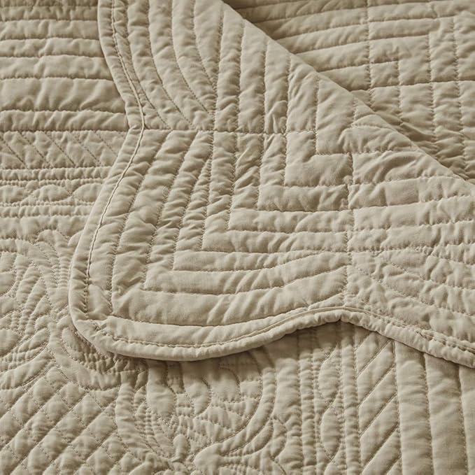 Madison Park Luxe Quilted Throw Blanket - Damask Stitching Design, Cotton Filled Spread, Ultra Soft, Cozy Bedding for Living Room Couch, Sofa, Bed, 60x72", Scalloped Borders Khaki