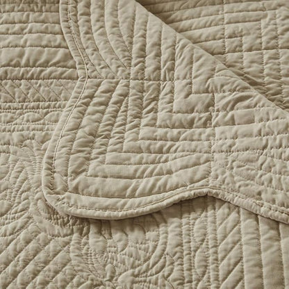 Madison Park Luxe Quilted Throw Blanket - Damask Stitching Design, Cotton Filled Spread, Ultra Soft, Cozy Bedding for Living Room Couch, Sofa, Bed, 60x72", Scalloped Borders Khaki