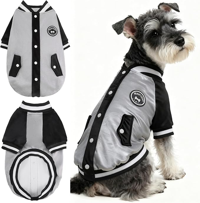 BEAUTYZOO Dog Sweaters for Small Medium Large Dogs, Dog Hoodie Warm Fleece Dogs Winter Clothes Cute Stylish Boy & Girl Dog Sweatshirts, Grey Sport Coats Baseball Uniform Jackets for Puppy, S