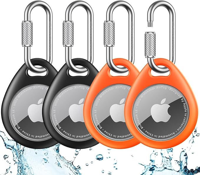 UNBREAKcable for AirTag Holder Case with Professional Carabiner, 4 Pack | Waterproof, Shockproof, Hold Securely, Easy to Install, Protective AirTag Keychain for Keys, Pets, Luggage-Black&Orange