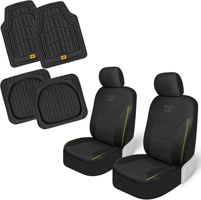 CAT PU Leather Seat Covers for Cars – (2) Front Seat Covers with (4) All-Weather Heavy-Duty Floor Mats for Trucks, Cars, & SUVs Combo Set – Car Interior Protection Liners for Car Seats and Floors