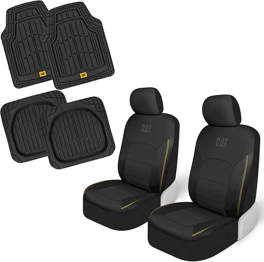 CAT PU Leather Seat Covers for Cars – (2) Front Seat Covers with (4) All-Weather Heavy-Duty Floor Mats for Trucks, Cars, & SUVs Combo Set – Car Interior Protection Liners for Car Seats and Floors