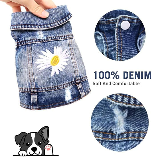Pawstrip Dog Denim Jacket with Embroidered Daisy, Ripped Vintage Jean Vest for Small Dogs, Puppy, Pugs, Chihuahuas, Spring Summer Fall Festival Outfit, Small (Fits Chest 11-12")