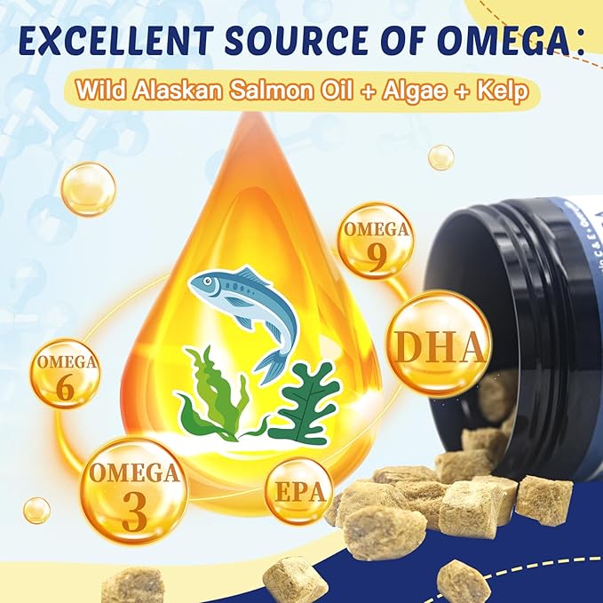 Omega 3 for Dogs with Salmon Oil, Fish Oil for Dogs Skin and Coat Supplement, Dog Allergy Relief, Hot Spot Treatment, Anti Shedding, Hip & Joint Support with EPA & DHA, Biotin, Vitamin E