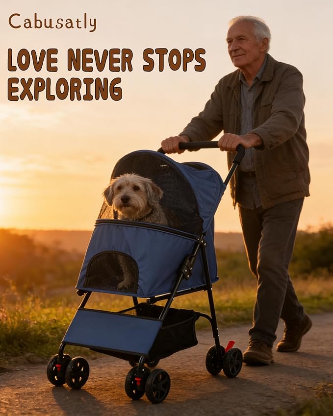 Pet Stroller for Small Medium Dogs Cats - Lightweight 10lbs Foldable Dog Stroller, Breathable Mesh & Safety Tether, 33lbs Capacity with Locking Wheels, Storage Basket for Outdoor Walks-Blue