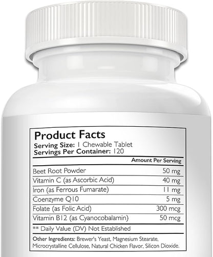 Iron for Dogs with Anemia to Support Blood Health, Blood Cell Formation & Oxygen Supply, Iron Supplement for Anemic Dogs + Vitamin C, Folate, Vitamin B12, 120 Chewable Tablets