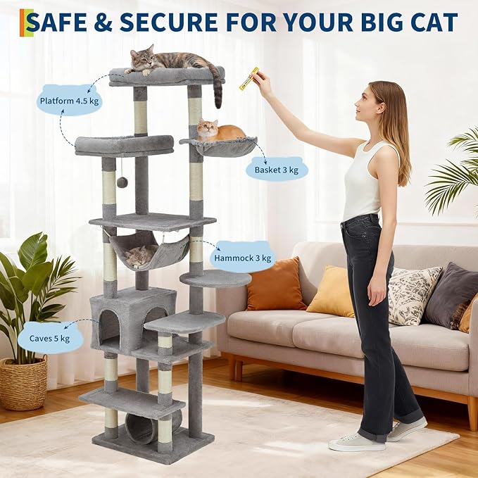74" Tall Cat Tree,Large Cat Tree for Big Cats,Cat Tower with Scratching Posts, Condo, Perches, Hammock, Tunnel & Feeding Station,Deep Gray
