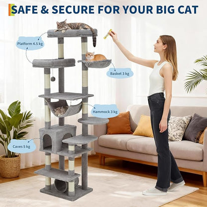 74" Tall Cat Tree,Large Cat Tree for Big Cats,Cat Tower with Scratching Posts, Condo, Perches, Hammock, Tunnel & Feeding Station,Deep Gray