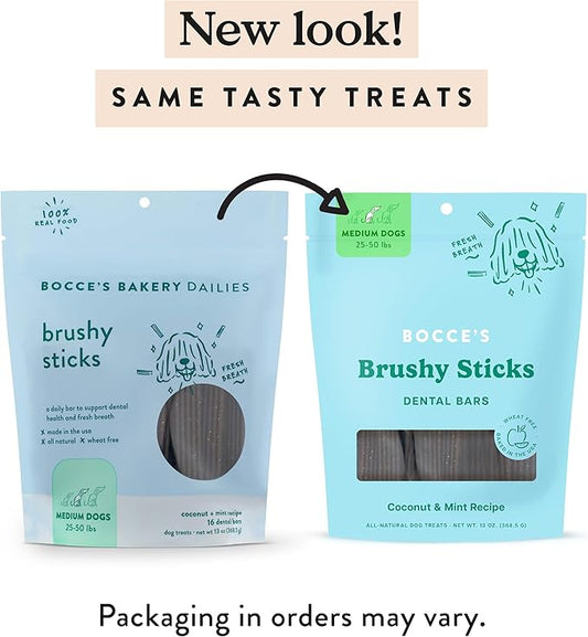 Bocce's Bakery Dailies Brushy Sticks to Support Oral Health&Fresh Breath,Wheat-Free Dental Bars for Dogs,Made with Real Ingredients,Baked in The USA,All-Natural Coconut&Mint,Medium Dogs,(Pack of 2)