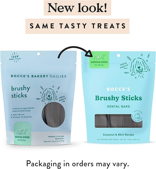 Bocce's Bakery Dailies Brushy Sticks to Support Oral Health & Fresh Breath, Wheat-Free Dental Bars for Dogs, Made with Real Ingredients, Baked in The USA, Natural Coconut & Mint, Medium Dogs