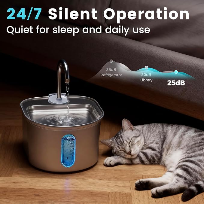 Stainless Steel Cat Water Fountain, 108oz/3.2L with 1 Filter | Auto Shut Off, Quiet Pump, Water Level Indicator, Dry-Run Protection, Large Oval Pet Water Dispenser for Cats and Dogs