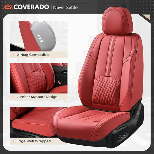 Coverado Car Seat Covers, Front Seat Covers for Cars, 2 Pack Waterproof Seat Cover with Lumbar Support, Leather Car Seat Protector, Breathable Seat Covers Car Seat Cushions Fit for Most Cars (Red)