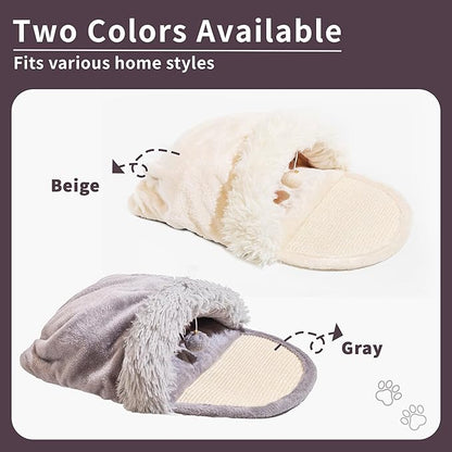 Pet Slipper Cave Bed for Indoor Cats and Small Dogs, Cat Bed with Scratching Board, Anti-Slip & Durable, Washable for Kittens and Small Pets, Beige