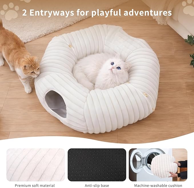 Dogpals Ultra-Soft Cat Tunnel Bed - Soft Washable Cushion, Peekaboo Hideaway Cave for Indoor Cats, Kittens, Puppies, and Rabbits - Deluxe Upgraded with Luxurious Striped Hare-Feel Fabric (White)