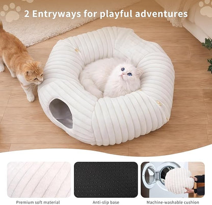 Dogpals Ultra-Soft Cat Tunnel Bed - Soft Washable Cushion, Peekaboo Hideaway Cave for Indoor Cats, Kittens, Puppies, and Rabbits - Deluxe Upgraded with Luxurious Striped Hare-Feel Fabric (White)