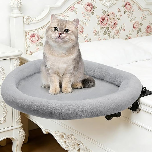 IPOW Heavy Duty Steel Frame 180°Rotating Cat Bedside Bed Semi-Circular Cat Bed for Bedside, Soft Faux Rabbit Fur Material, Suitable for Various Desktops-Maximum Hold Up to 40lb