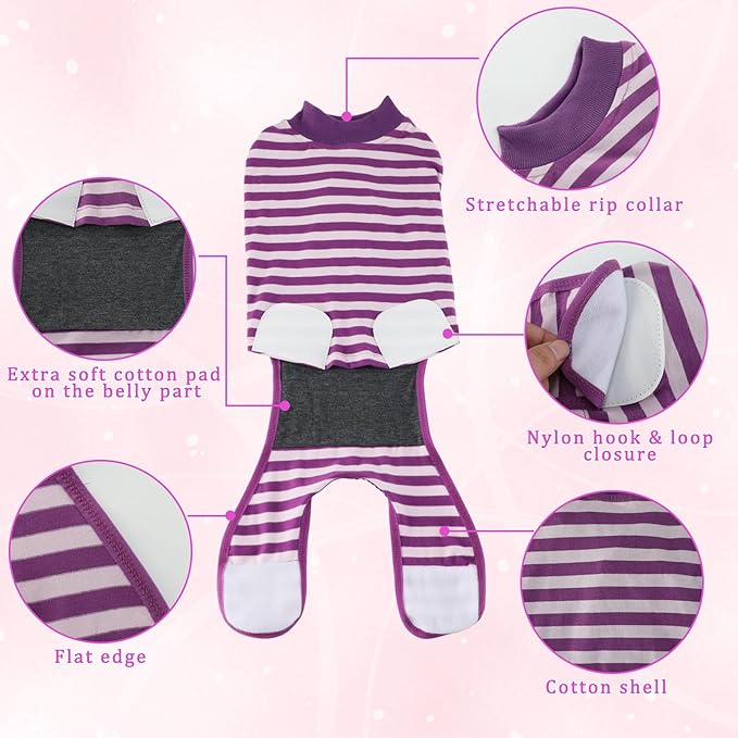 2 Packs Breathable Cotton Dog Recovery Suit for After Neuter Spay Abdominal Wounds Protector, Professional Anti-Licking Onesies for Male Female Pets Surgery Bandages, L Purple & Pink Stripes