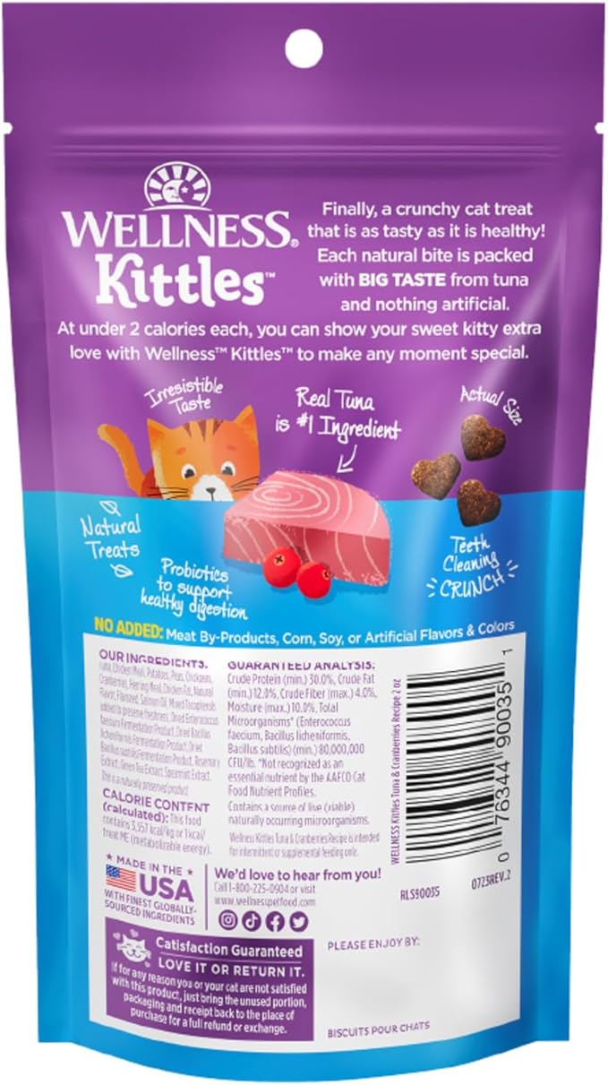 Wellness Kittles Crunchy Natural Grain Free Cat Treats, Tuna & Cranberries Recipe, All Life Stages, 2-Ounce Bag