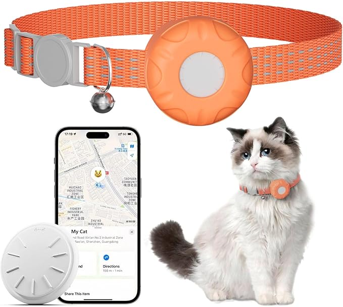 Cat Tracker,No Monthly Fee GPS Trackers for Cats,Pet Tracker Work with Apple Find My App(iOS Only),Real-Time Location Tracking,Cat Tracker GPS Collar with Safety Elastic Buckle-Orange