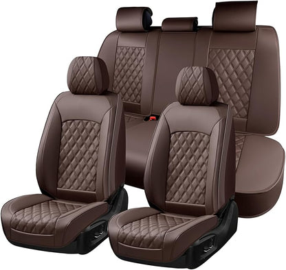 Huidasource Coffee Seat Cover, Nappa Leather Car Seat Cover, Velcro Adjustable, Compatible with Airbags, Armrests, Child Seat, Seat Belts, Fit for Most Cars, Vans, Trucks, SUVs (Full Set/Coffee)