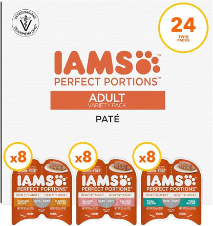 IAMS Perfect Portions Sensitive Digestion & Skin Wet Cat Food Pate, Healthy Adult Grain Free Pate, Chicken and Salmon Recipes, (24) 2.6 oz. Variety Twin-Pack Trays