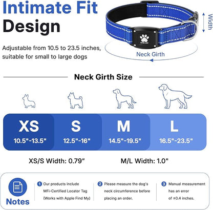 GPS Dog Collar Tracker 2-in-1,Reflective Waterproof Pet Collar,iOS-Only,No Monthly Fees,Unlimited Range,Dog Tracking Collar Pet Tracker,for Small Medium Large Dogs(L (16.5"-23.5"), Blue)