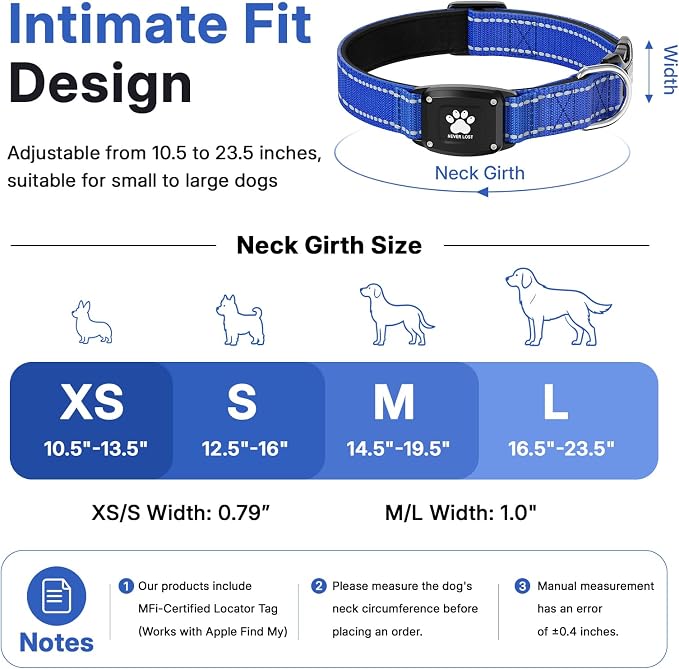 GPS Dog Collar Tracker 2-in-1,Reflective Waterproof Pet Collar,iOS-Only,No Monthly Fees,Unlimited Range,Dog Tracking Collar Pet Tracker,for Small Medium Large Dogs(M (14.5"-19.5"), Blue)