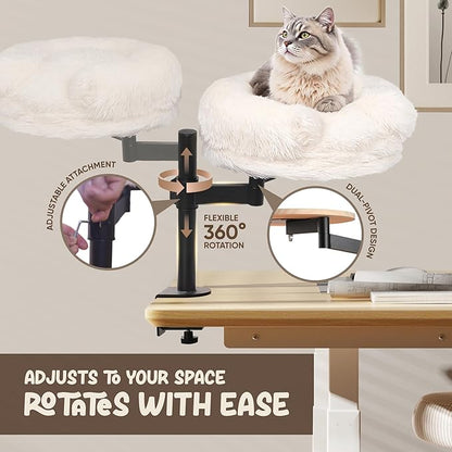 Cat Desk Bed with 360° Rotation & Height Adjustment, 60LB Capacity – Ultra-Plush Desk Mounted Perch Attachment, Table Cat Bed for Computer Desk, Washable Fluffy Hammock