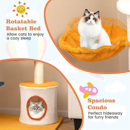 PETSITE 70 inch Tall Aviation-Themed Cat Tree Tower, Multi-Level Cute Cat Tower with Sisal Scratching Posts, Helicopter Top Perch, Basket Bed, Tunnel, Climbing Ladder, and Star-Shaped Hanging Toys