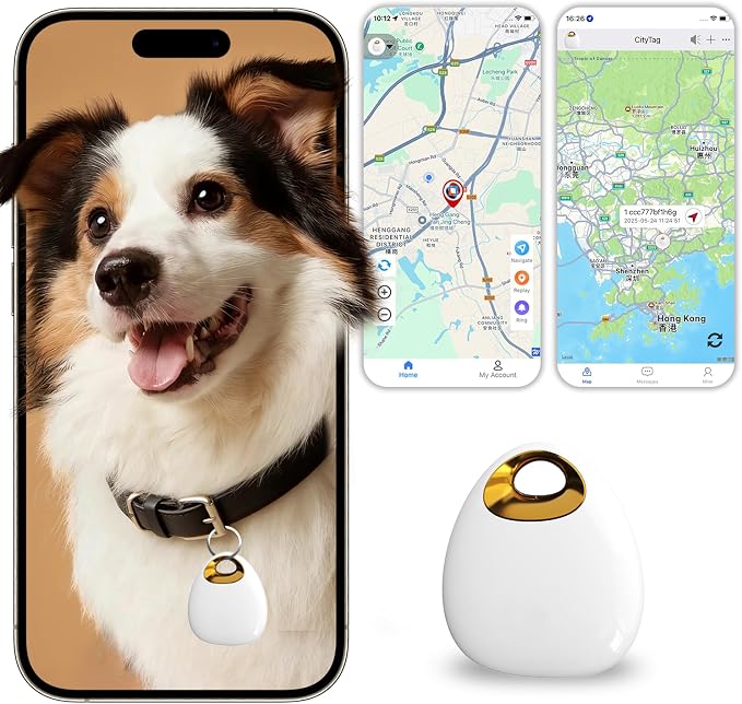 Pet GPS Tracker for Dogs & Cats, No Subscription Required, Smart Location Tracker for iOS & Android, IP67 Waterproof, Built-in Speaker, 1-Year Battery, Location History & Sharing