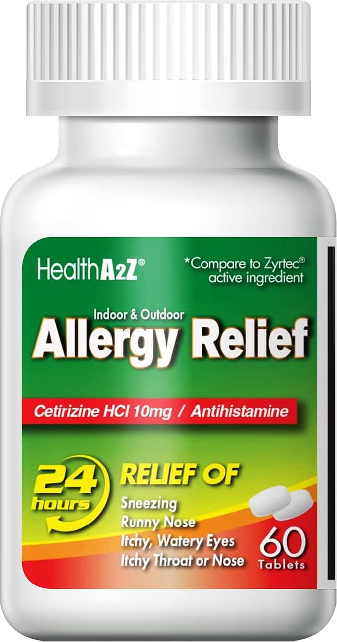 HealthA2Z® Allergy Relief, Cetirizine 10mg, All Day Allergy Relief, Indoor & Outdoor Relief from Itchy Throat, Sneezing, Runny Noses, 60 Count (Pack of 1)