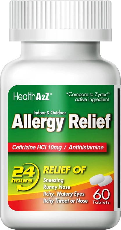 HealthA2Z® Allergy Relief, Cetirizine 10mg, All Day Allergy Relief, Indoor & Outdoor Relief from Itchy Throat, Sneezing, Runny Noses, 60 Count (Pack of 1)