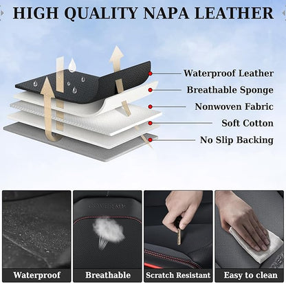Coverado Seat Covers, Car Seat Covers Front Seats, Nappa Leather Seat Covers for Cars, Waterproof Car Seat Protector with Lumbar Support, Front Seat Covers Universal Fit for Most Cars (Black&Red)