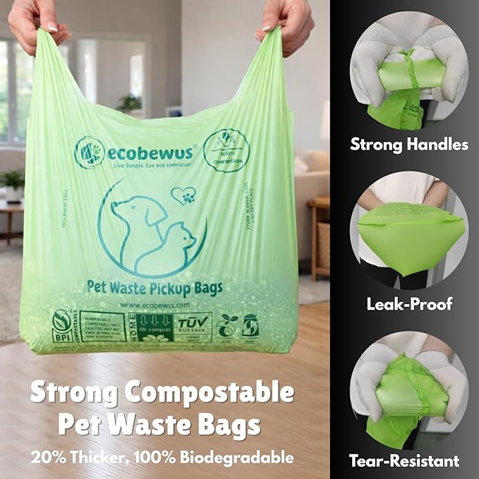 100% Compostable Pet Waste Disposal Bag (140 ct.) Plant-Based Biodegradable Cat Litter Poop Waste Pick-Up Bags with Handles Dog poop Bags Disposable Compost Food Scrap Liners (140 ct.)