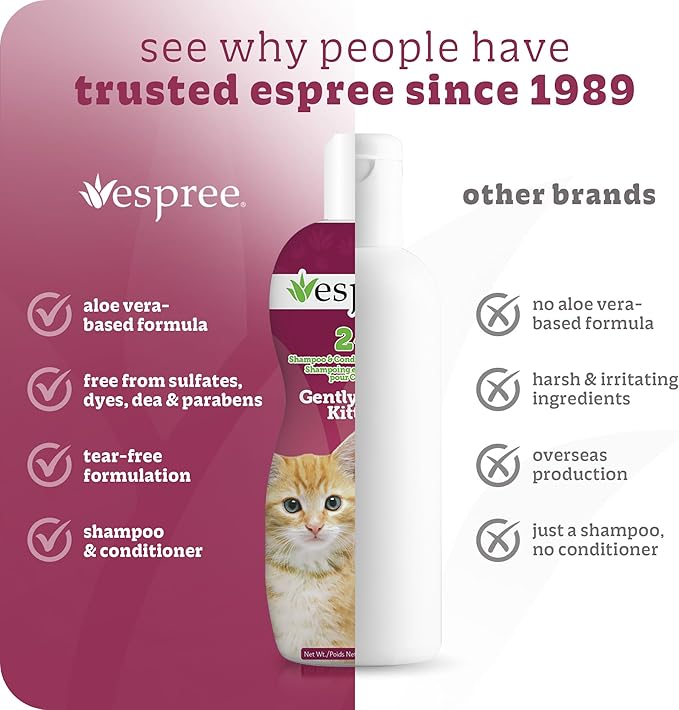 Espree Gentle Fresh Kitten Shampoo & Conditioner, Tearless Formula with Aloe Vera, Sulfate-Free, Paraben-Free, Harsh Chemical and Dye-Free, Safe for Sensitive Skin, 12oz