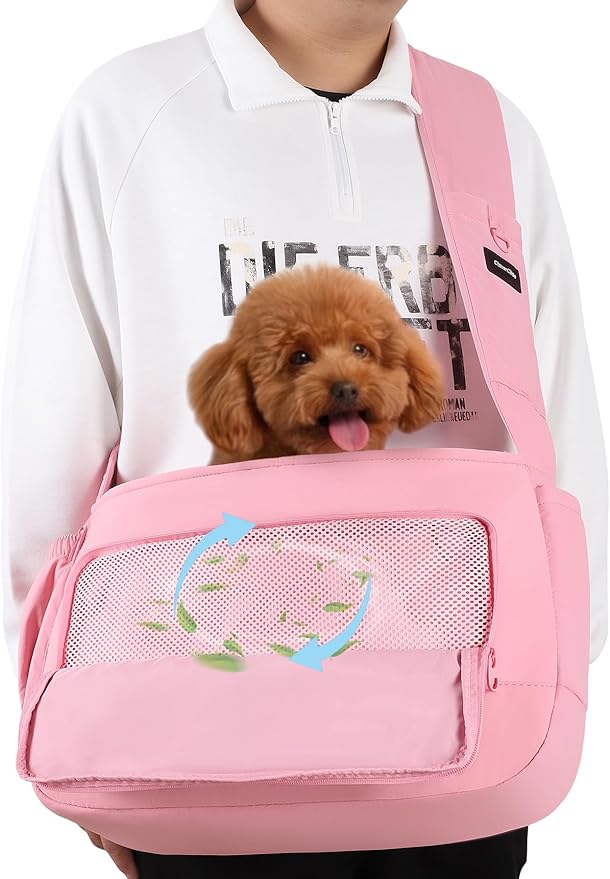 Pet Sling Carrier for Small to Medium Dogs and Cats, Fits 10–20lbs, Adjustable Soft Padded Shoulder Strap Dog Sling Carrier with Storage Pocket for Hands-Free Outdoor Travel & Hiking Pink