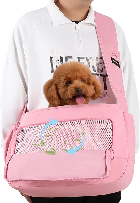 Pet Sling Carrier for Small to Medium Dogs and Cats, Fits 10–20lbs, Adjustable Soft Padded Shoulder Strap Dog Sling Carrier with Storage Pocket for Hands-Free Outdoor Travel & Hiking Pink