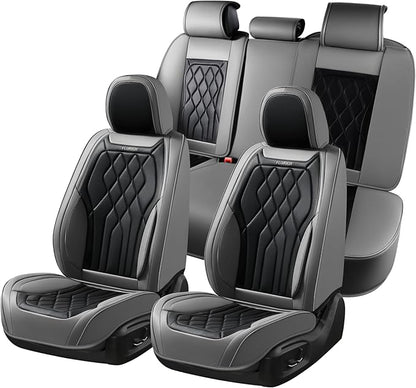 FLORICH Car Seat Covers Full Set, Leather Car Seat Protector, Waterproof Automotive Seat Cover with Anti-Slip Padded, Airbag Compatible, Universal Seat Covers Fit for Most Car - Gray&Black