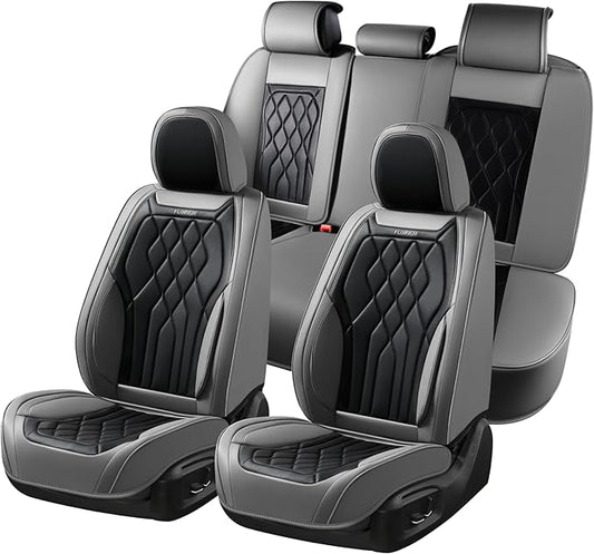 FLORICH Car Seat Covers Full Set, Leather Car Seat Protector, Waterproof Automotive Seat Cover with Anti-Slip Padded, Airbag Compatible, Universal Seat Covers Fit for Most Car - Gray&Black