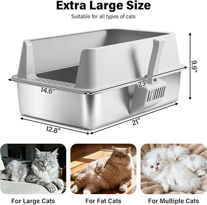 Stainless Steel Cat Litter Box with Lid, Large Metal Litter Box Stainless Steel with Mat & Scoop, Odor-Free/Anti-Leakage & Non-Stick/Easy Clean, High-Sided Litter Box for Multiple Big Cats(XL/Grey)