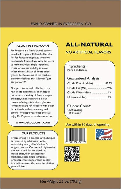 Freeze-Dried Raw Treats - Pork Tenderloin - 2.5oz Bag, Dog & Cat Snacks, Single Ingredient, Natural, Pet Food Topper, Protein‑Packed Meat