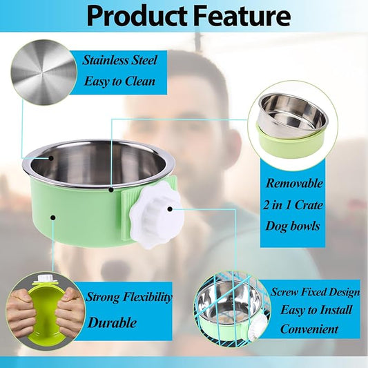 Mechpia 4 Pieces Crate Dog Bowl, Removable Stainless Steel Pet Kennel Hanging Food Water Feeder Bowl Cage Coop Cup for Puppy Medium Dog Cat Rabbit Ferret Bird