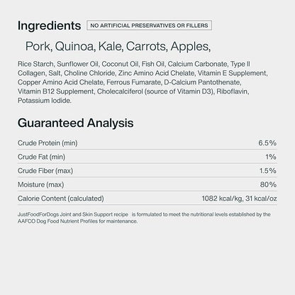 JustFoodForDogs Pantry Fresh Wet Dog Food, Complete Meal or Dog Food Topper, for Joint Health, Skin Health, Allergies, Joint & Skin Support, Pork & Quinoa - 12.5 oz (Pack of 12)