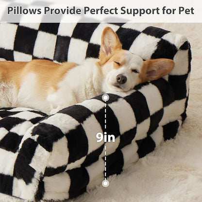 BFPETHOME Large Dog Couch Bed, Cute Pet Sofa with Non-Slip Bottom, Checkered Dog Bed with Washable Cover, XL Pet Couch (Black&White)