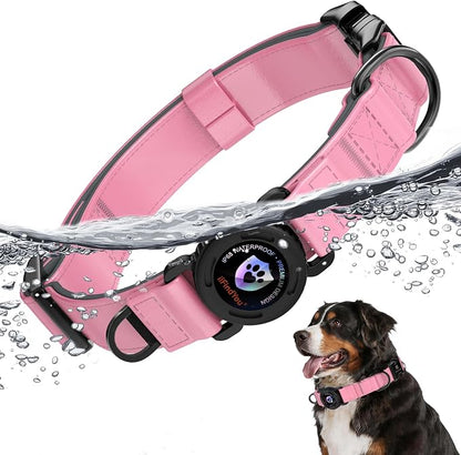 Airtag Dog Collar, Dog Collar with airtag Holder, IP68 Waterproof Leather Dog Collar with Metal Buckle & Lockable Airtag Holder, Heavy Duty Adjustable for Small Medium Large Dogs (Pink M)