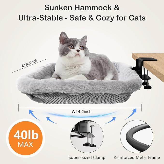 Lilyang Cat Desk Bed, Keep Cats Off Your Keyboard, Super-Sized Clamp for Stability, Sunken Hammock Design, Reversible & Washable Bed Cover, Easy No-Tools Assembly, Holds 40LB